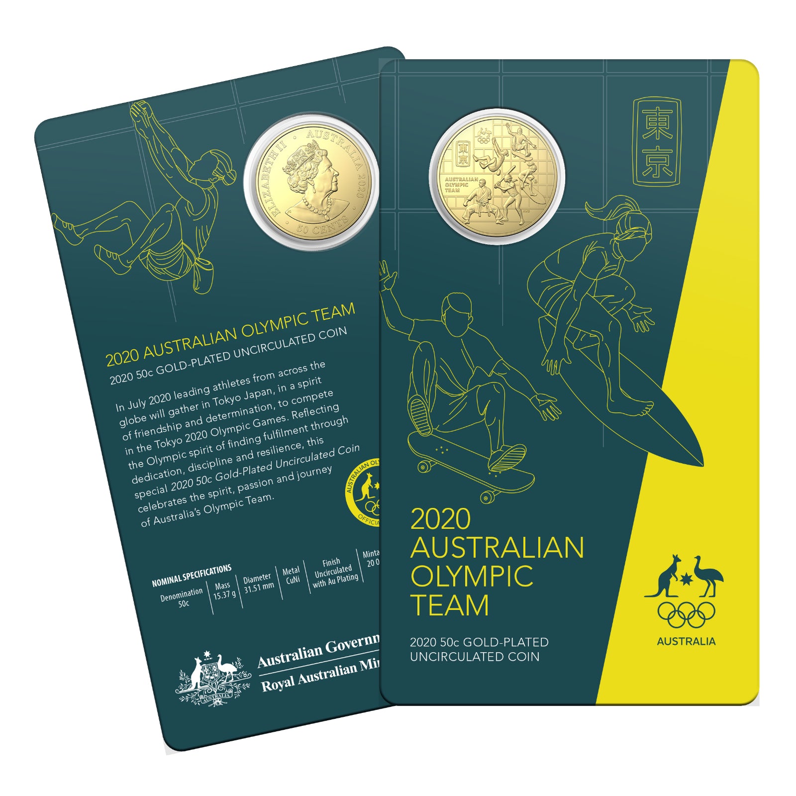 2020 50c CuNi Uncirculated Round Gold Plated Carded Coin - Australian Olympic Team
